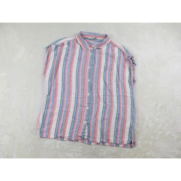Orvis‎ Shirt Womens Medium Pink Striped Buttons Sleeveless Linen Blend Ladies* - Picture 2 of 10